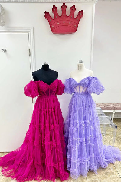 A Line Off the Shoulder Fuchsia Tulle Corset Prom Dress with Bowknot DM3082802