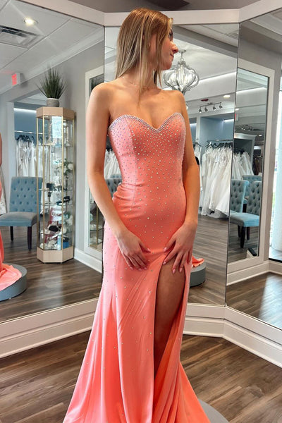 Coral Strapless Satin Mermaid Long Prom Dress with Beading MD4040705