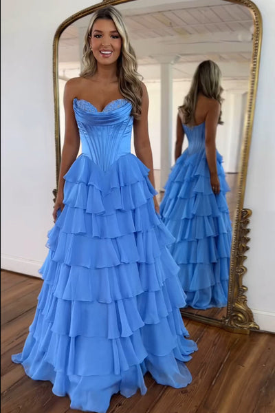 Fashion A Line Sweetheart Floral Printed Chiffon Tiered Prom Dress DM24122403