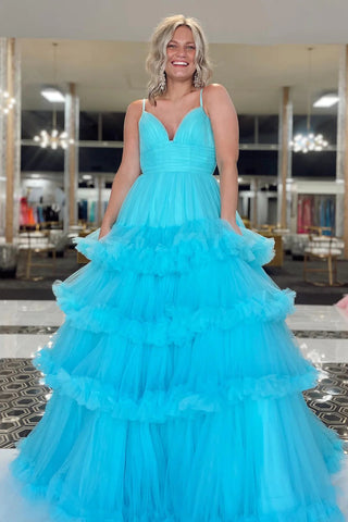 Blue A-Line Tiered Long Tulle Prom Dress with Ruffles DM3082806