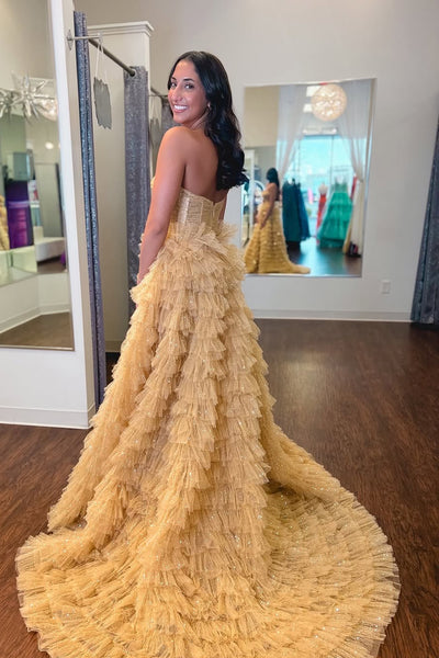 Ball Gown Strapless Keyholes Gold Sparkle Tulle Ruffle Tiered Long Prom Dresses DM25041003
