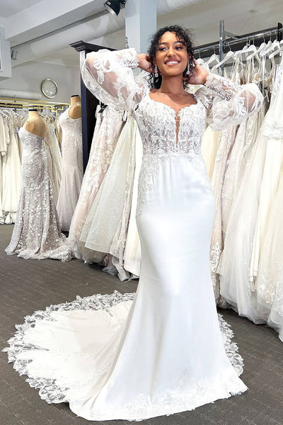 Elegant Mermaid Square Neck Long Sleeves Wedding Dresses with Appliques DM4070610