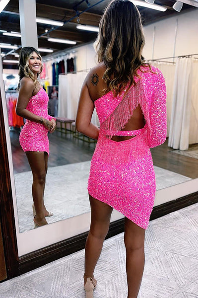 Cute Bodycon One Shoulder Hot Pink Sequins Short Homecoming Dresses LD3061705