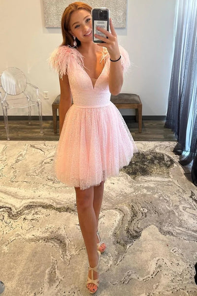 Pink Sequin-Embroidery V-Neck A-Line Homecoming Dress with Feathers LD3070702