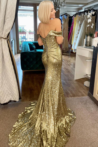 Charming Mermaid Off the Shoulder Gold Sequins Long Prom Dress with Slit DM3083109