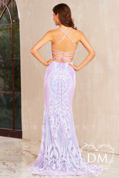 Lavender Sequins Lace Mermaid Long Prom Dress MD122105