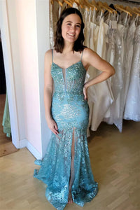 Aqua Spaghetti Straps Sequined Mermaid Long Prom Dress with Slit MD121302