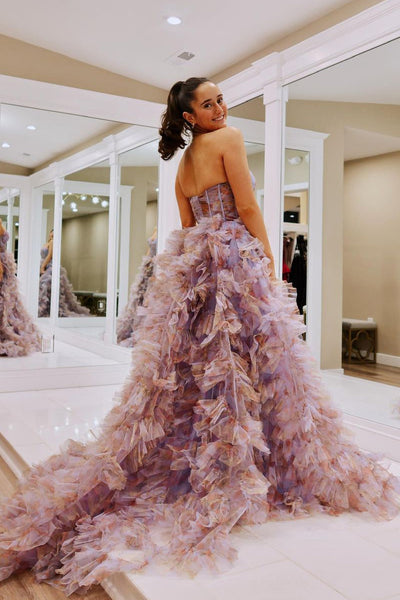 Floral Printed Ruffle Tiered Tulle Long Prom Dress MD4031105