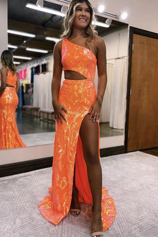 Sparkly Mermaid One Shoulder Orange Sequins Long Prom Evening Dresses with Slit LD30622901