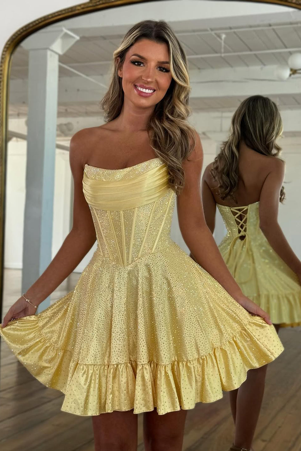 A Line Scoop Neck Satin Sparkly Homecoming Dress with Hot Stone Beading DM071510