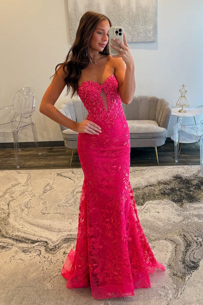Mermaid Sweetheart Fuchisa Lace Long Prom Dress DM2601104