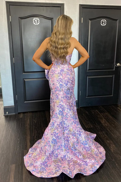 Mermaid Strapless Lavender Jacquard Satin Prom Dress with Slit DM1613804