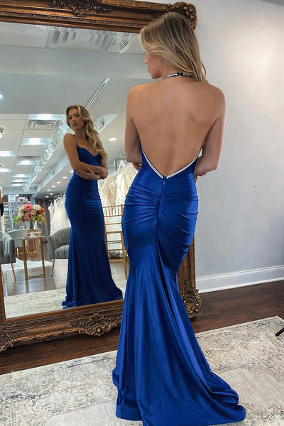 Mermaid Halter Royal Blue Satin Backless Long Prom Dress MD4020505