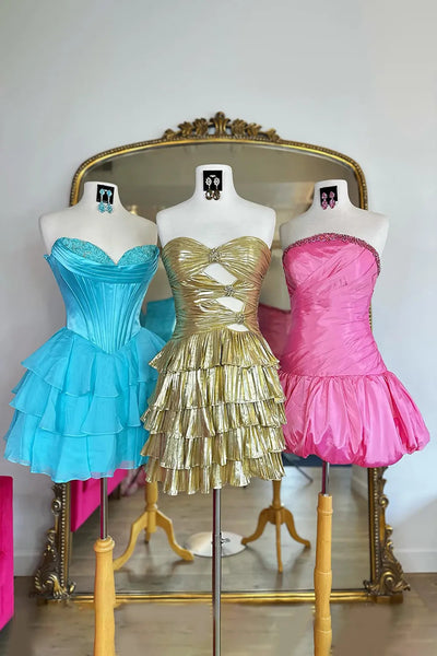 Cute Sparkly Keyhole Gold Satin Homecoming Dress with Beading DM062110
