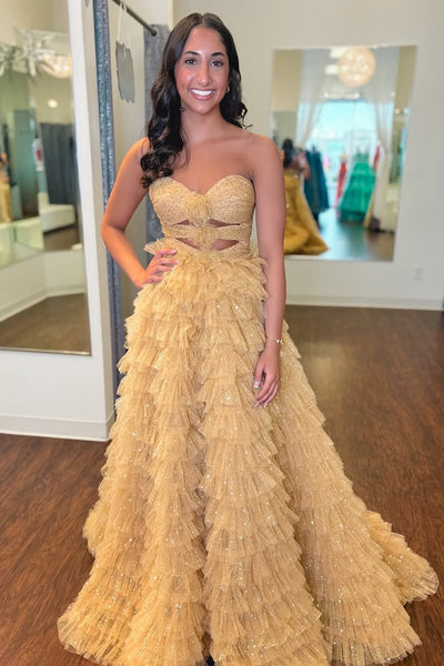 Ball Gown Strapless Keyholes Gold Sparkle Tulle Ruffle Tiered Long Prom Dresses DM25041003