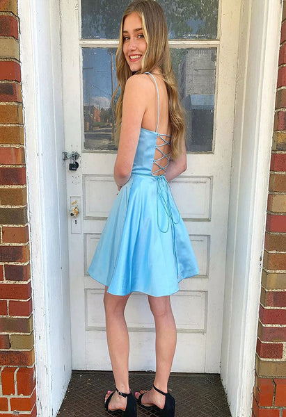 Square Neck A Line Sleeveless Satin Short Homecoming Dress MD091105