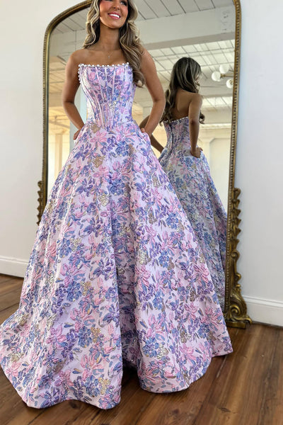 Gorgeous Ball Gown Lavender Jacquard Satin Prom Dress with Pearls DM3213903