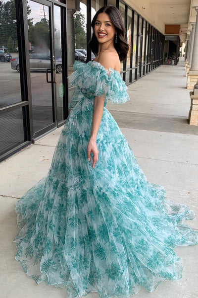 Cute A-Line Off the Shoulder Ruffle Floral Printed Long Prom Dresses MD4032004