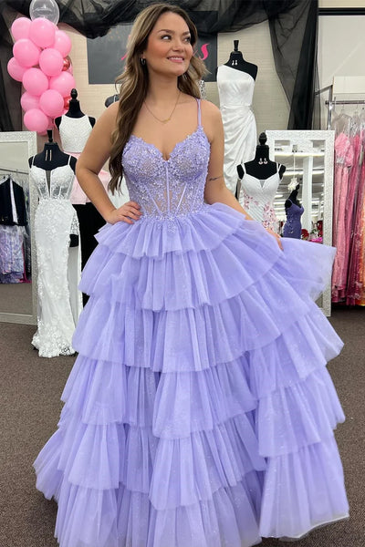 Cute A Line V Neck Red Tiered Tulle Long Prom Dresses with Appliques DM24101905