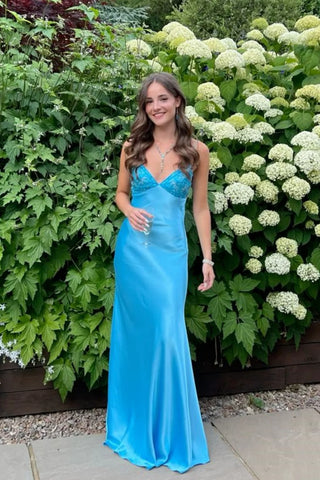 Sheath V Neck Lake Blue Prom Dress with Beading DM24122607
