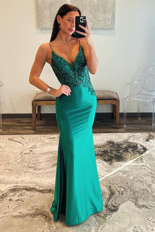 Dark Green V Neck Satin Beaded Long Prom Dress MD4031101