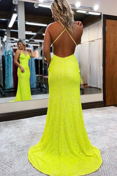 Sparkly Mermaid V Neck Yellow Sequins Long Prom Dresses DM070201