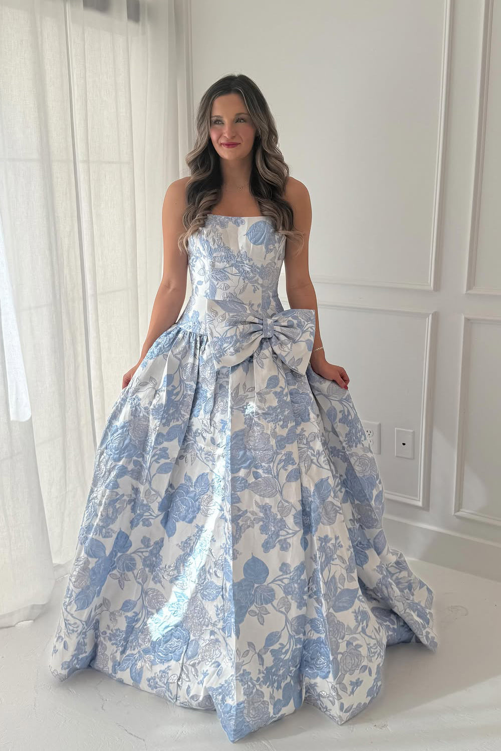 Gorgeous A Line Strapless Jacquard Satin Long Prom Dress with Bow DM1111004