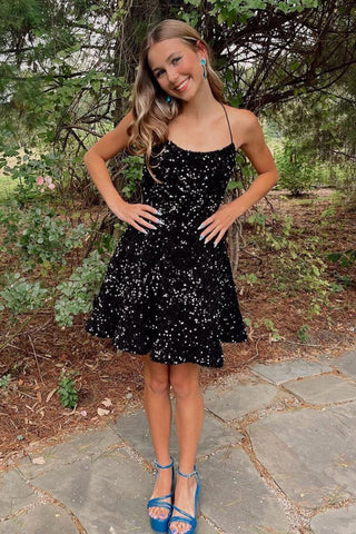 Black A-Line Scoop Neck Sequin Homecoming Dresses DM24071912