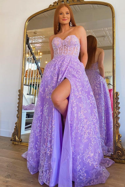Sparkle Princess Lavender Bustier Puff Sleeve Lace Long Prom Gown MD092702