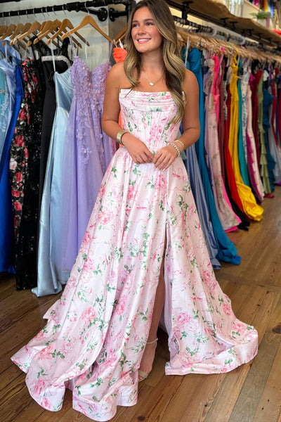A Line Scoop Neck Floral Satin Long Prom Dress with Slit DM16021514