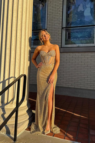 Charming Mermaid Sweetheart Gold Sequins Slit Prom Dress with Beading DM24121710