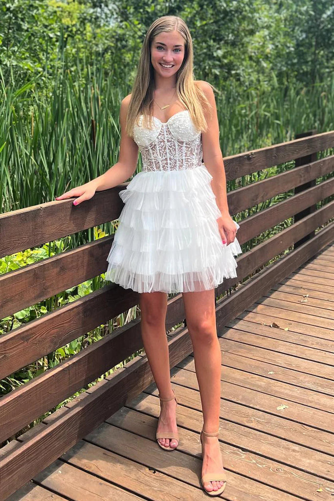 Sparkly White Corset Sweetheart A-Line Short Homecoming Dress with Lace MD091905 Dressmeet Sparkly White Corset Sweetheart A-Line Short Homecoming Dress with Lace MD091905 Dressmeet