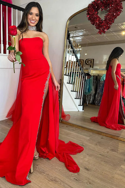 Mermaid Strapless Red Long Prom Dress with Slit DM3082823