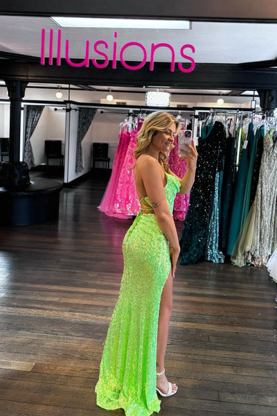 Glitter Mermaid Cowl Neck Green Sequins Long Prom Dresses with Slit DM4070305