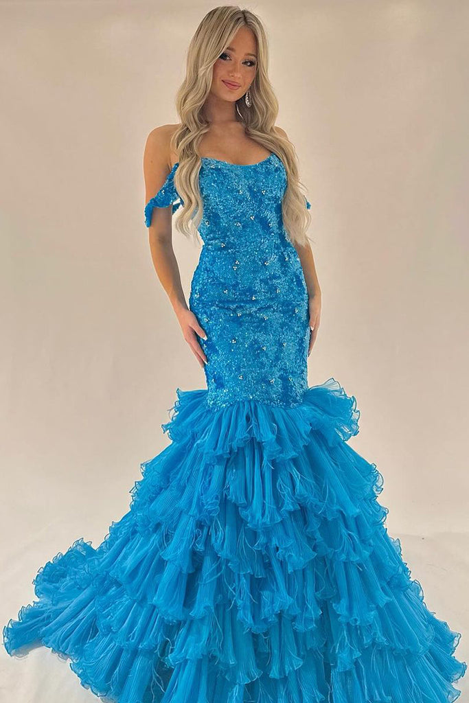Dazzling Mermaid Off the Shoulder Sequins Long Prom Dresses with Ruffles MD4062313 Dressmeet Dazzling Mermaid Off the Shoulder Sequins Long Prom Dresses with Ruffles MD4062313 Dressmeet