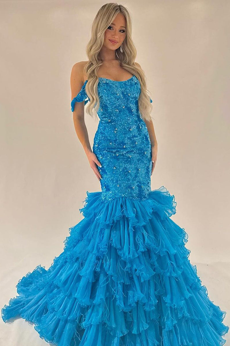 Dazzling Mermaid Off the Shoulder Sequins Long Prom Dresses with Ruffles MD4062313