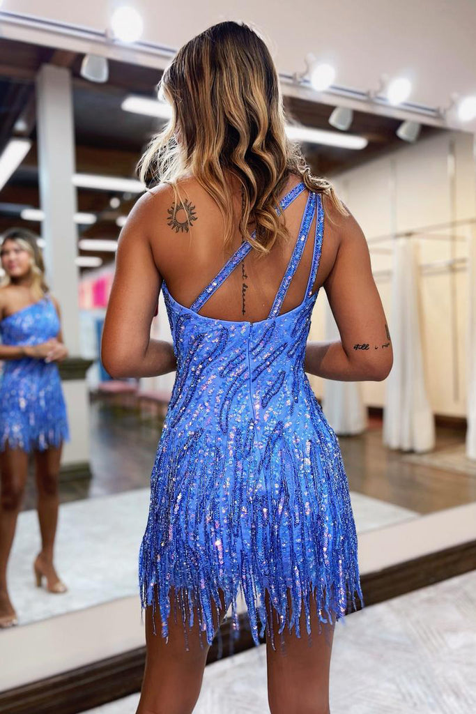 Cute Bodycon One Shoulder Blue Sequins Short Homecoming Dresses with Beading MD4060504 – Dressmeet