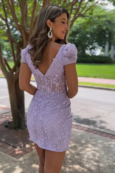 Cute Bodycon Square Neck Lavender Lace Short Homecoming Dresses with Beading MD0802810