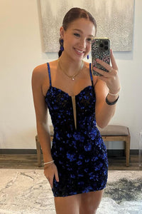 Cute Bodycon Straps Royal Blue Sequins Short Homecoming Dresses DM081705