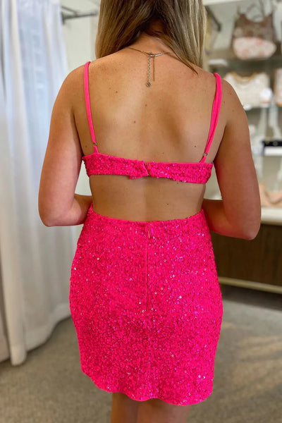 Fuchsia V Neck Sequins Tight Short Homecoming Dresses DM24080501