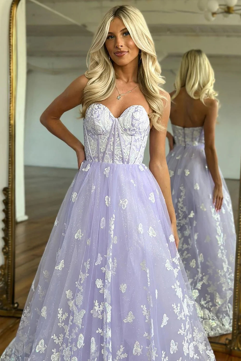A Line Sweetheart Lilac Corset Prom Dress with Appliques MD100204 Dressmeet A Line Sweetheart Lilac Corset Prom Dress with Appliques MD100204 Dressmeet