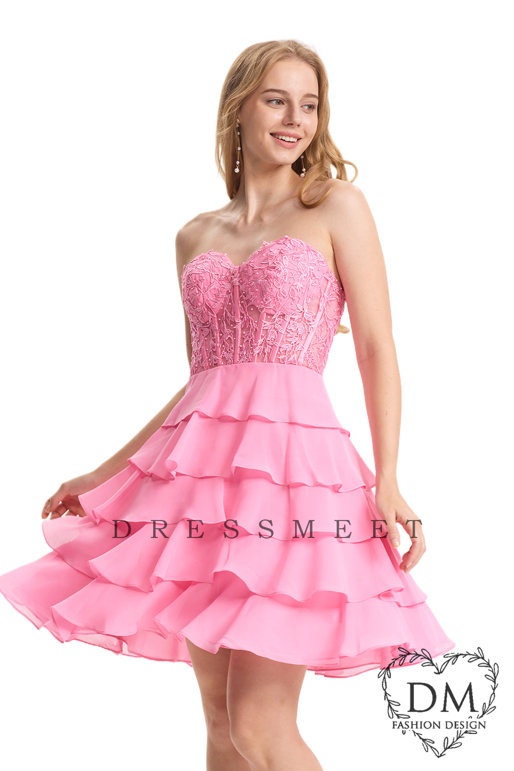 Pink Sweetheart Ruffle Tiered Chiffon Short Homecoming Dresses DM24072101