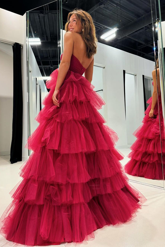 A-Line Strapless Dark Red Tulle Long Prom Dresses MD4010304 Dressmeet A-Line Strapless Dark Red Tulle Long Prom Dresses MD4010304 Dressmeet