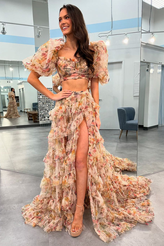 Two Piece Floral Printed Ruffle Tiered Long Prom Dresses MD4053105 Dressmeet Two Piece Floral Printed Ruffle Tiered Long Prom Dresses MD4053105 Dressmeet
