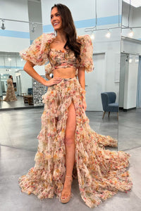 Two Piece Floral Printed Ruffle Tiered Long Prom Dresses MD4053105