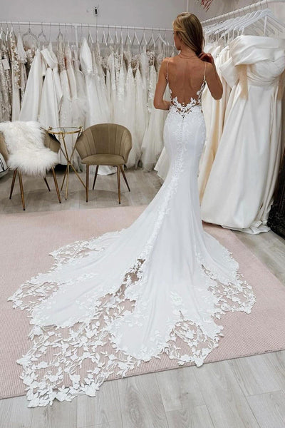 Mermaid V Neck Satin Appliques Wedding Dresses DM4072503