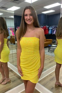Sparkle Bodycon Strapless Yellow Sequins Short Homecoming Dress MD091309