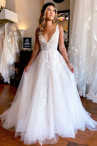 Charming A Line V Neck Tulle Beach Wedding Dresses with Appliques LDWD3061915