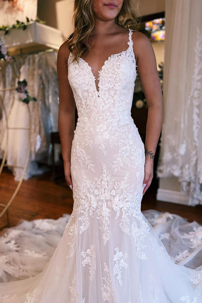 Gorgeous Mermaid V Neck White Tulle Lace Wedding Dresses LDWD3070305