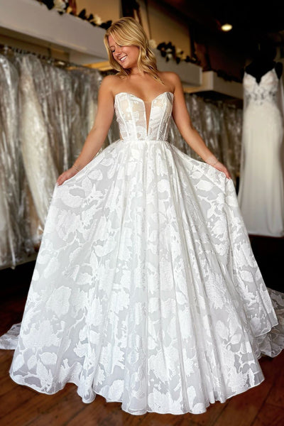 Romantic A Line Strapless Lace Long Wedding Dresses DM24102913